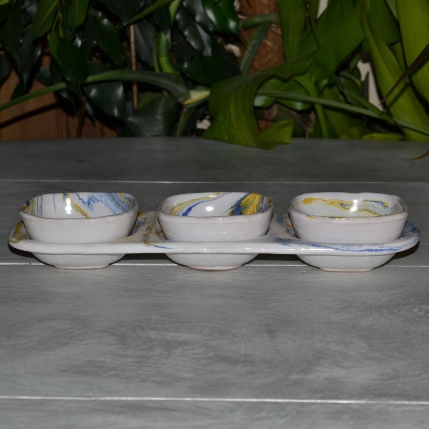 Service apéritif avec bols Marbré jaune, bleu et blanc