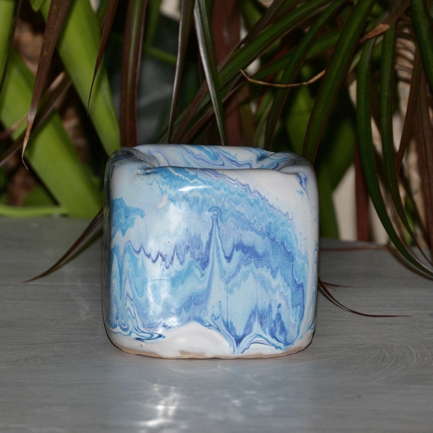 Cendrier anti fumée Cube marbré bleu, turquoise et  blanc