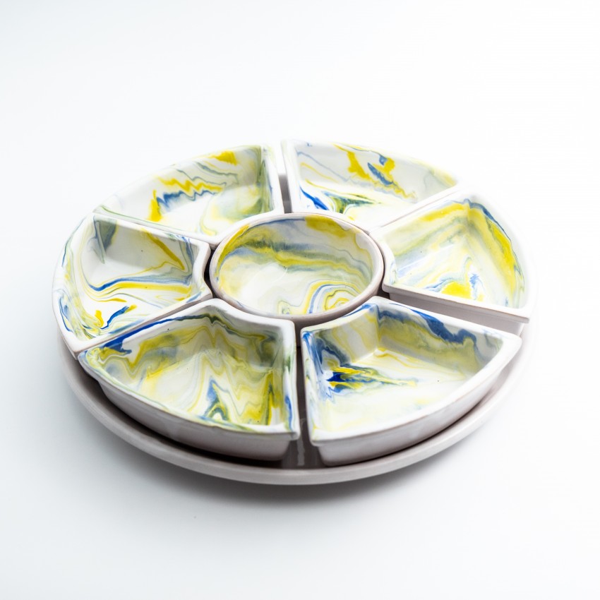 Service apéritif Marbré Jaune et Bleu