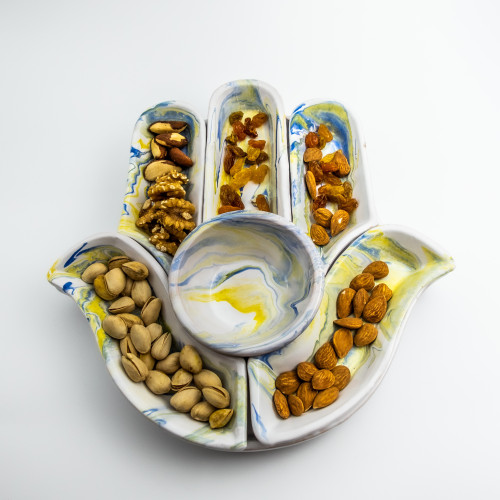 Service apéritif Main de Fatma Marbré Jaune et Bleu