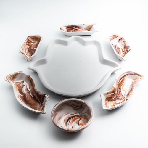 Service apéritif Main de Fatma Marbré Marron et Orange