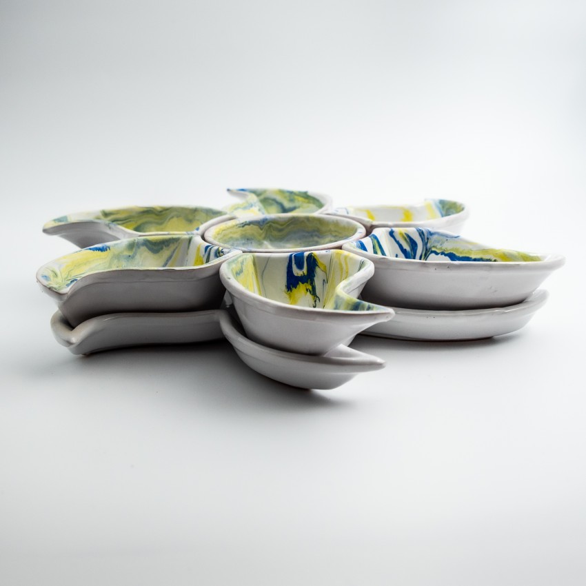 Service apéritif Etoile Marbré Bleu et Jaune