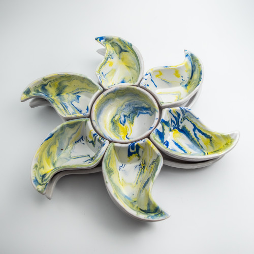 Service apéritif Etoile Marbré Bleu et Jaune