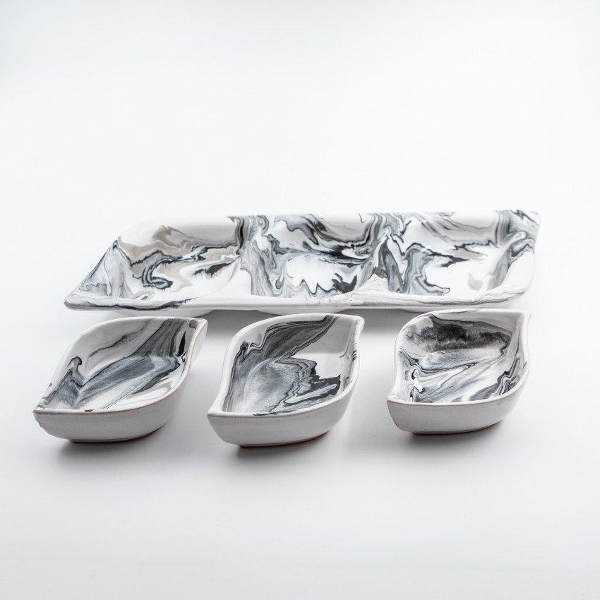 Service apéro tri-bols Feuilles Marbré Noir