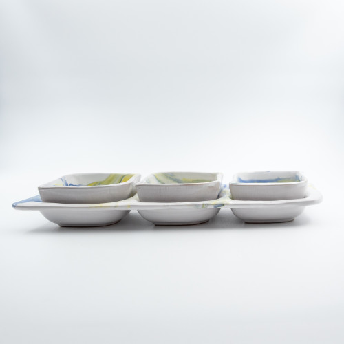 Service apéro tri-bols Feuilles Marbré Bleu et Jaune