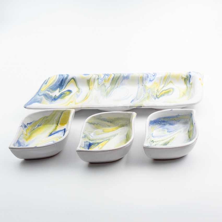 Service apéro tri-bols Feuilles Marbré Bleu et Jaune