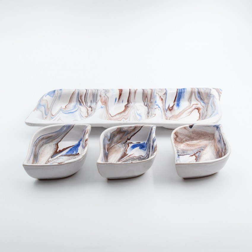 Service apéro tri-bols Feuilles Marbré Marron et Bleu