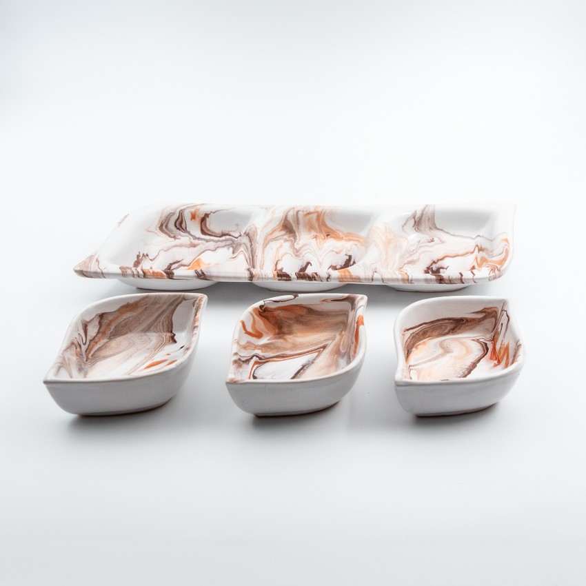 Service apéro tri-bols Feuilles Marbré Marron et Orange