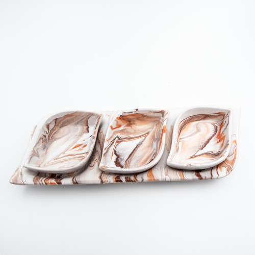 Service apéro tri-bols Feuilles Marbré Marron et Orange