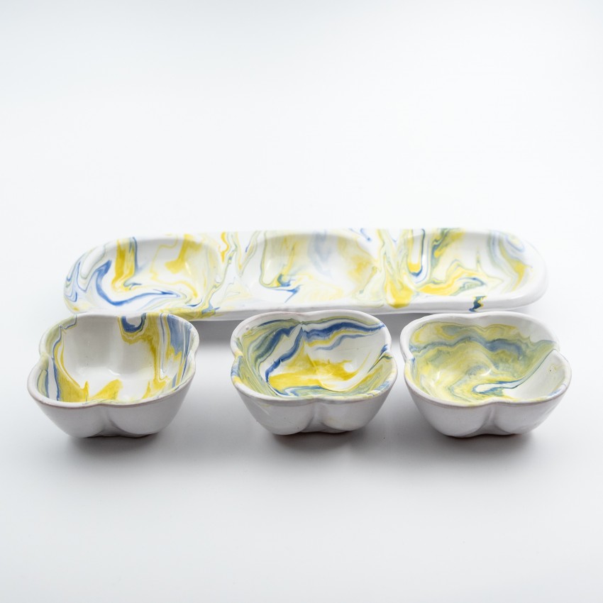 Service apéro tri-bols Fleurs Marbré Bleu et Jaune