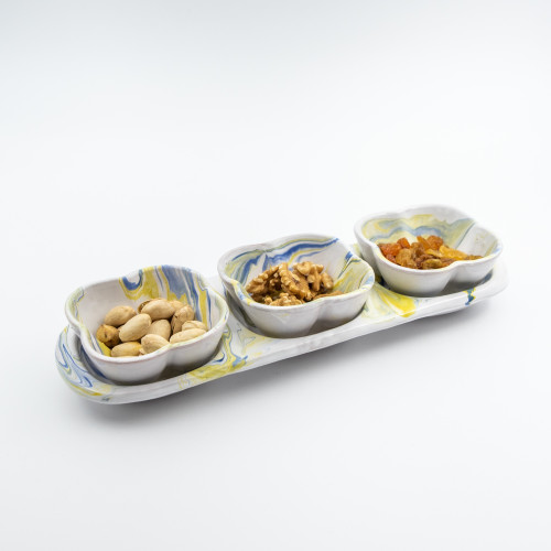 Service apéro tri-bols Fleurs Marbré Bleu et Jaune