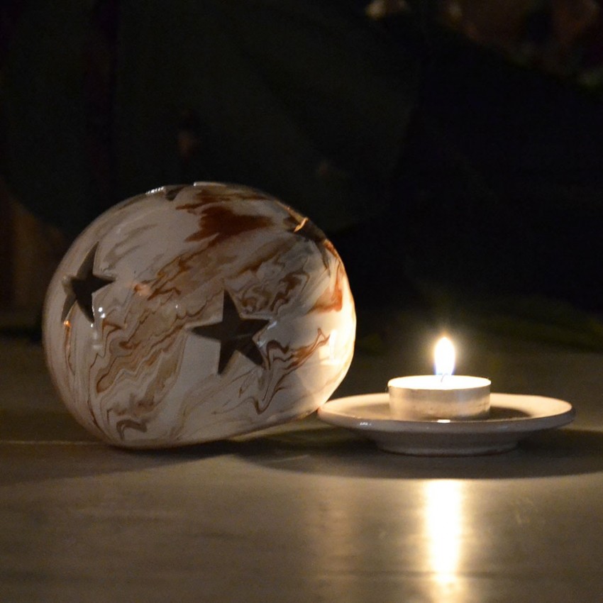 Photophore boule Marbré marron gris et blanc - Grand Modèle