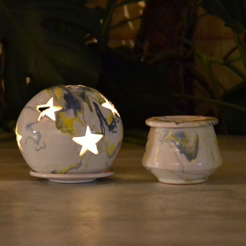 Photophore boule Marbré bleu, jaune et blanc - Moyen Modèle