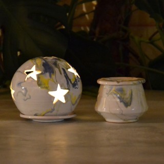 Photophore boule Marbré bleu, jaune et blanc - Moyen Modèle