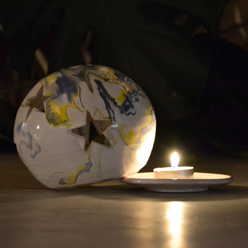 Photophore boule Marbré bleu, jaune et blanc - Moyen Modèle