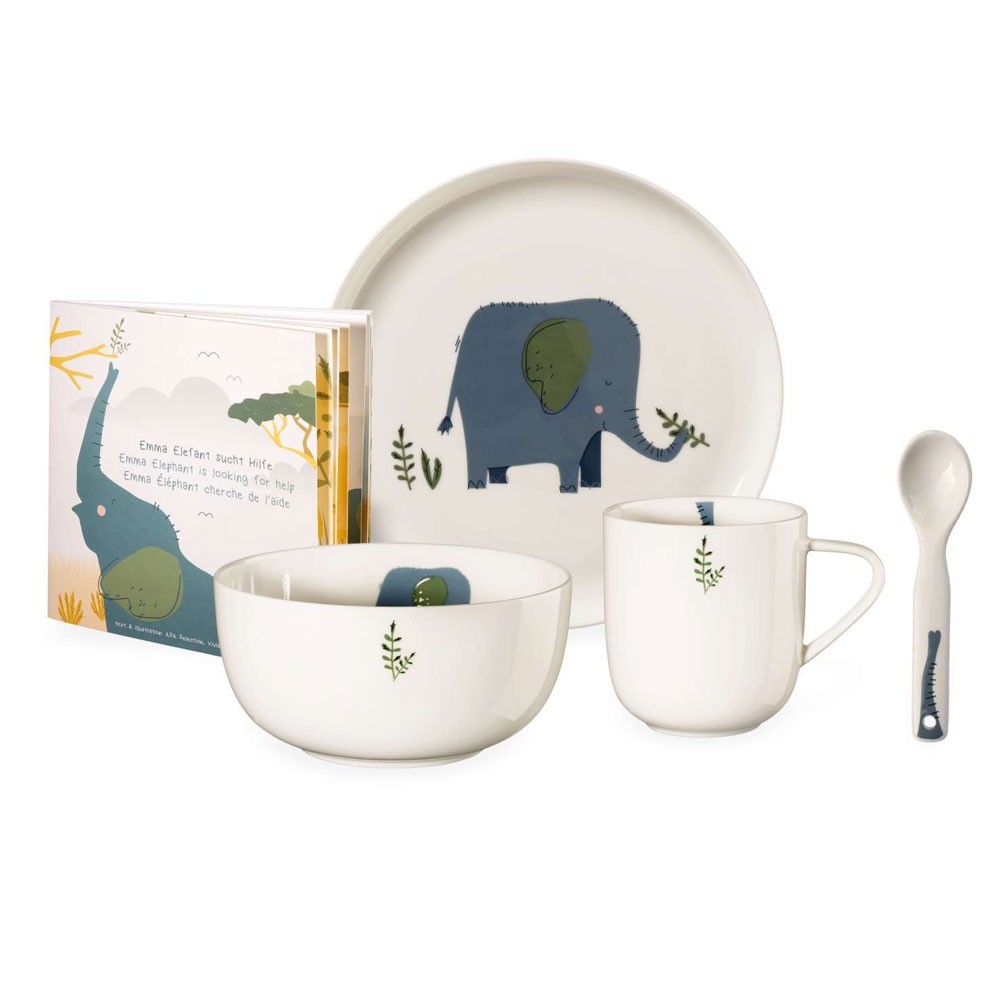 Coffret repas avec assiette à ventouse personnalisée - Éléphant gris