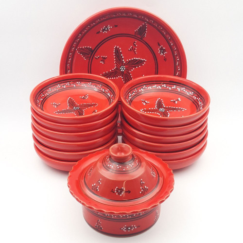 Service à couscous assiettes jattes avec plat jatte Tatoué rouge - 12 pers