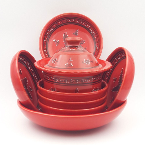 Service à couscous assiettes jattes avec plat jatte Tatoué rouge - 6 pers 2