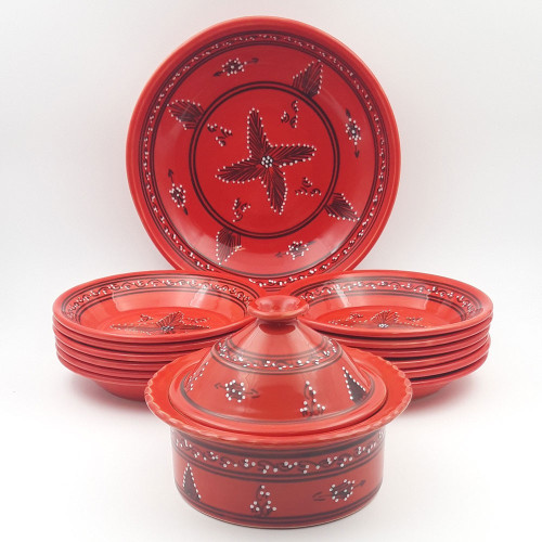 Service à couscous assiettes creuses avec plat jatte Tatoué rouge - 12 pers