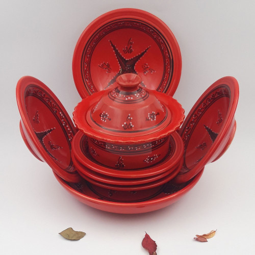 Service à couscous assiettes Tebsis avec plat jatte Tatoué rouge - 6 pers