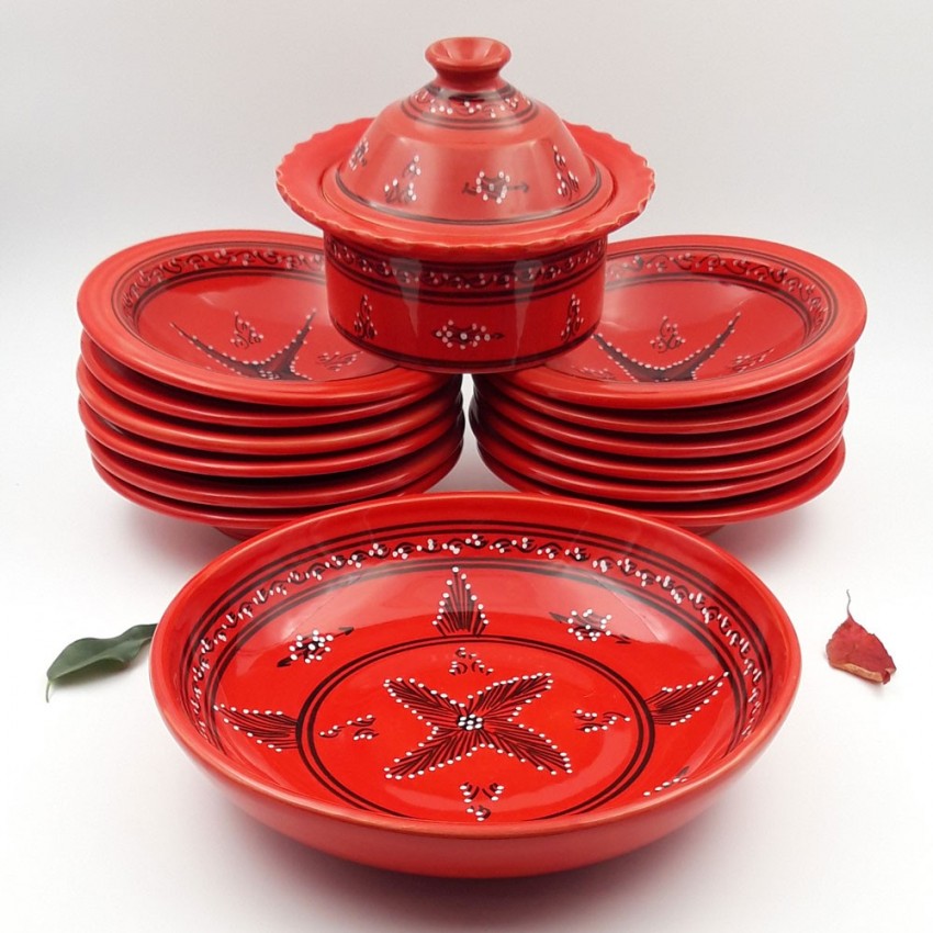 Service à couscous assiettes Tebsis avec plat jatte Tatoué rouge - 12 pers