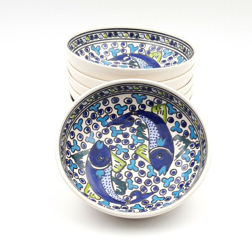 Lot de 6 assiettes creuses de forme jatte Poissons Bleus - D 20 cm