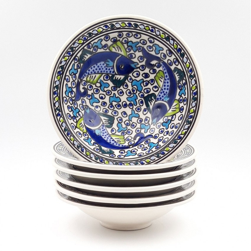 Lot de 6 assiettes à couscous Tebsi Poissons Bleus - D 23 cm
