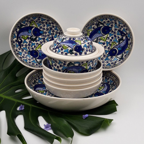 Service à couscous assiettes jattes Poissons Bleus - 6 pers