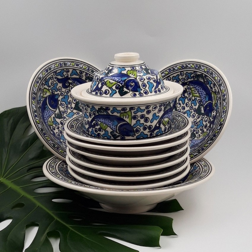 Service à couscous assiettes Tebsi Poissons Bleus - 8 pers