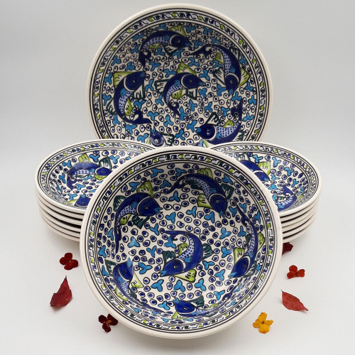 Service à couscous assiettes creuses Poissons Bleus- 12 pers