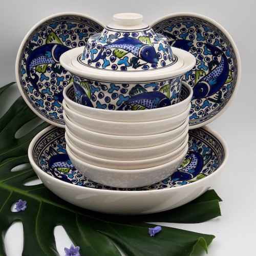 Service à couscous assiettes jattes  Poissons Bleus - 8 pers