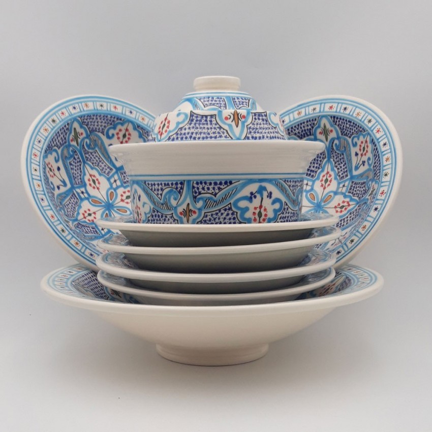 Service à couscous Marocain turquoise assiettes Tebsi - 6 pers