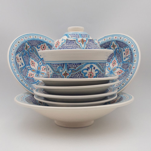 Service à couscous Marocain turquoise assiettes Tebsi - 6 pers