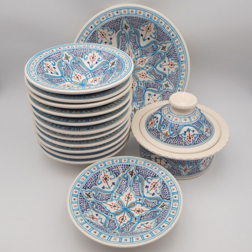 Service à couscous Marocain turquoise assiettes Tebsi - 12 pers