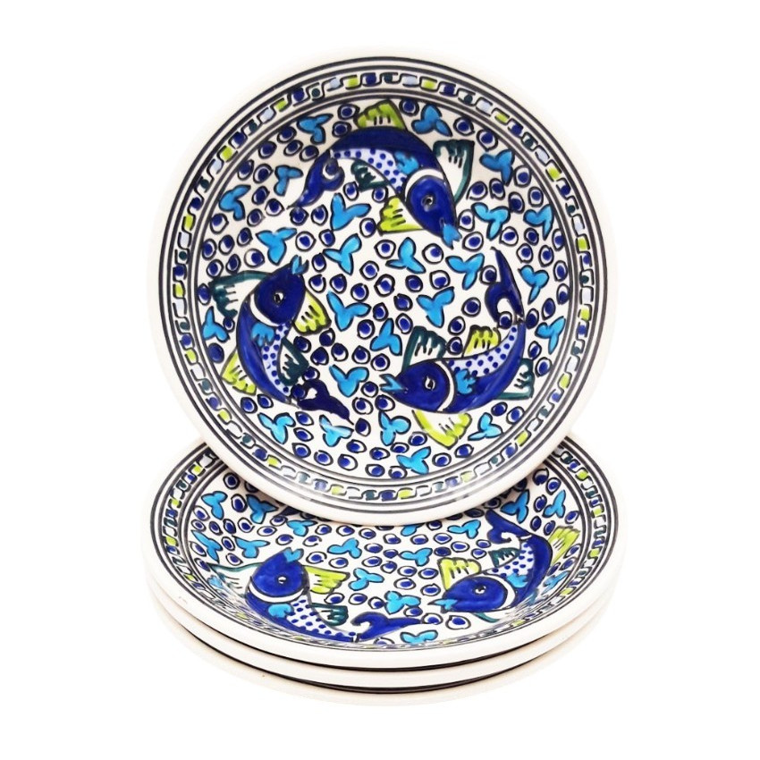 Lot de 4 assiettes creuses artisanales Poissons Bleus – Vaisselle fait main