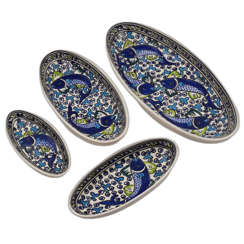 Lot 4 plats ovales céramique artisanale Poissons Bleus